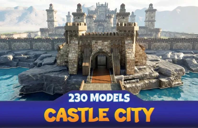 卡通中世纪城堡城市房屋场景 Medieval Castle City